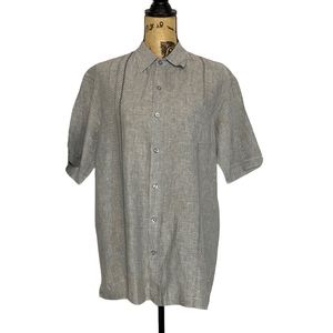 Grey Embroidery Button Down Short Sleeve Linen Blouse M